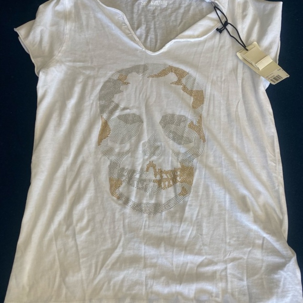 ZADIG & VOLTAIRE skull v-neck tee! UNIQUE ⚡️bedazzling in gold, grey &silver⚡️